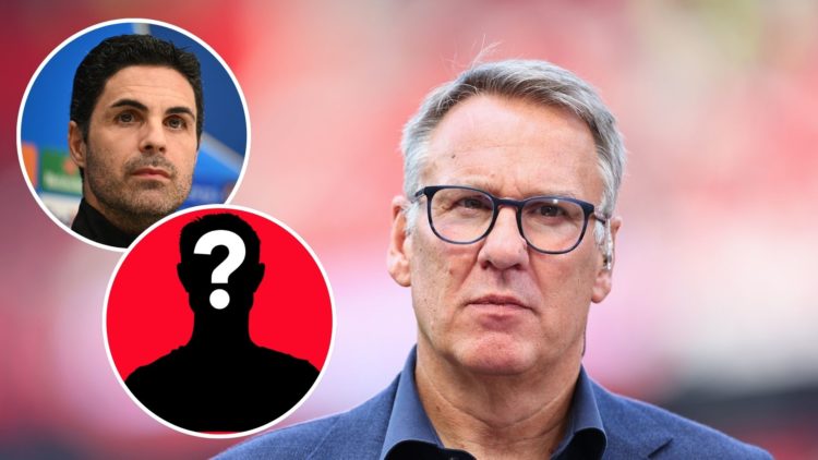 Image of Paul Merson working as a pundit for Sky Sports ahead of the Premier League match between Manchester United and Arsenal, insets of Arsenal ...