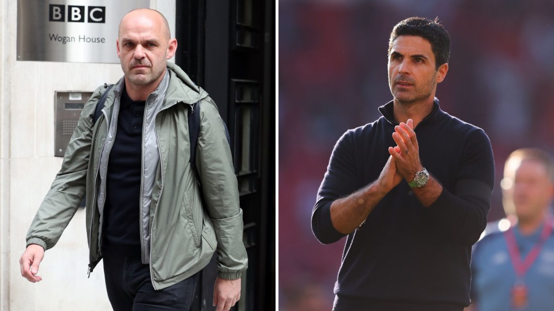 Split Image of Danny Murphy seen leaving BBC Radio 2, Mikel Arteta, head coach of Arsenal, during the Premier League match between Manchester Unite...