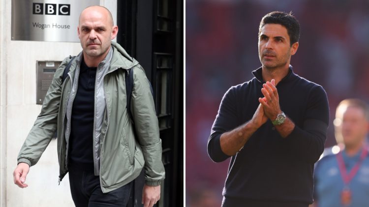 Split Image of Danny Murphy seen leaving BBC Radio 2, Mikel Arteta, head coach of Arsenal, during the Premier League match between Manchester Unite...