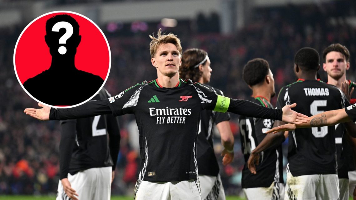 Image of Martin Odegaard of Arsenal celebrates scoring his team's fourth goal during the UEFA Champions League 2024/25, inset of a mystery player