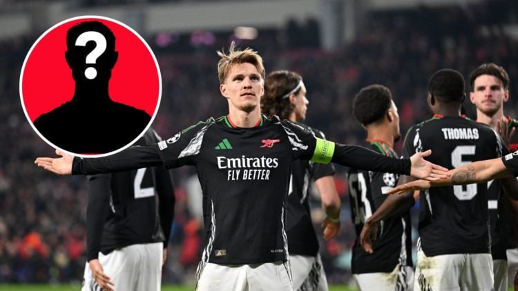 Image of Martin Odegaard of Arsenal celebrates scoring his team's fourth goal during the UEFA Champions League 2024/25, inset of a mystery player