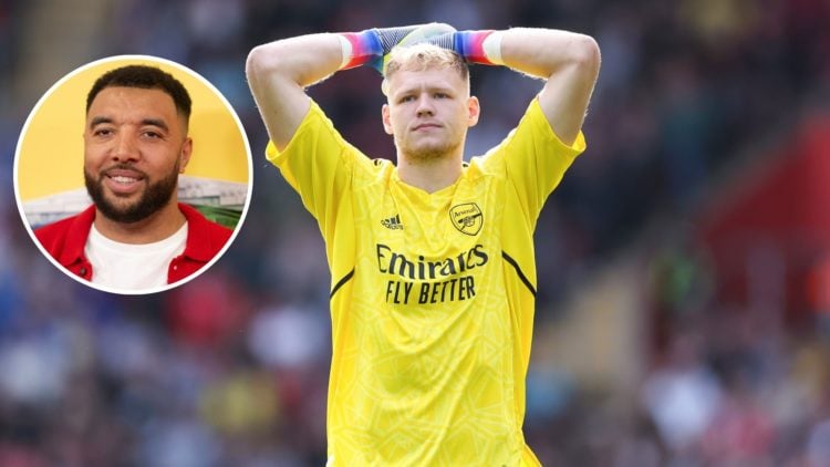 Image of Arsenal goalkeeper Aaron Ramsdale looks dejected during the Premier League match between Southampton FC and Arsenal, inset of Troy Deeney ...