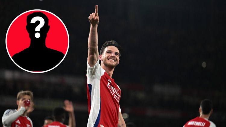 Image of Declan Rice of Arsenal celebrates scoring his team's second goal during the UEFA Champions League 2024/25 Quarter Final First Leg match be...