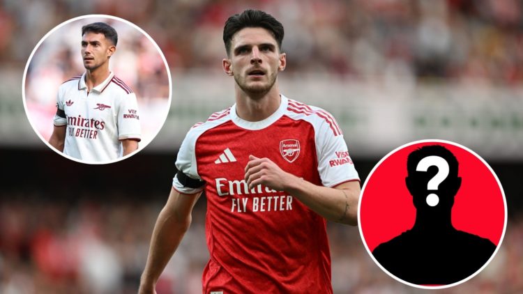 Image of Declan Rice of Arsenal during the Premier League match between Arsenal and Leeds United, insets of Martín Zubimendi of Arsenal during the ...