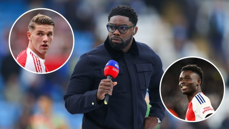 Image of Sky Sports pundit Micah Richards during the Premier League match between Manchester City FC and Arsenal, Bukayo Saka of Arsenal smiles aft...