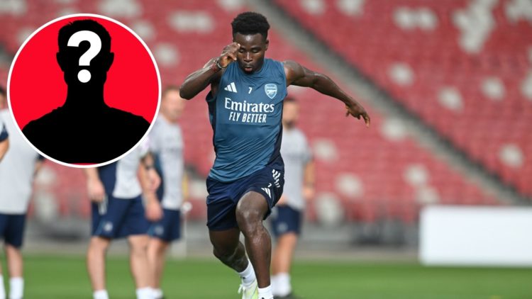 Image of Bukayo Saka running with the ball during an Arsenal training session, inset of a mystery player