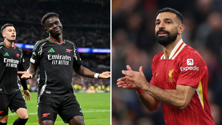 Split Image of Bukayo Saka of Arsenal celebrates scoring his team's first goal during the UEFA Champions League 2024/25 Quarter Final Second Leg ma...