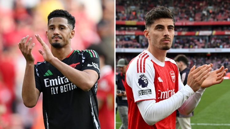 Split Image of William Saliba applauds after Liverpool vs Arsenal, Kai Havertz of Arsenal acknowledges the fans after the teams 1-0 victory in the ...