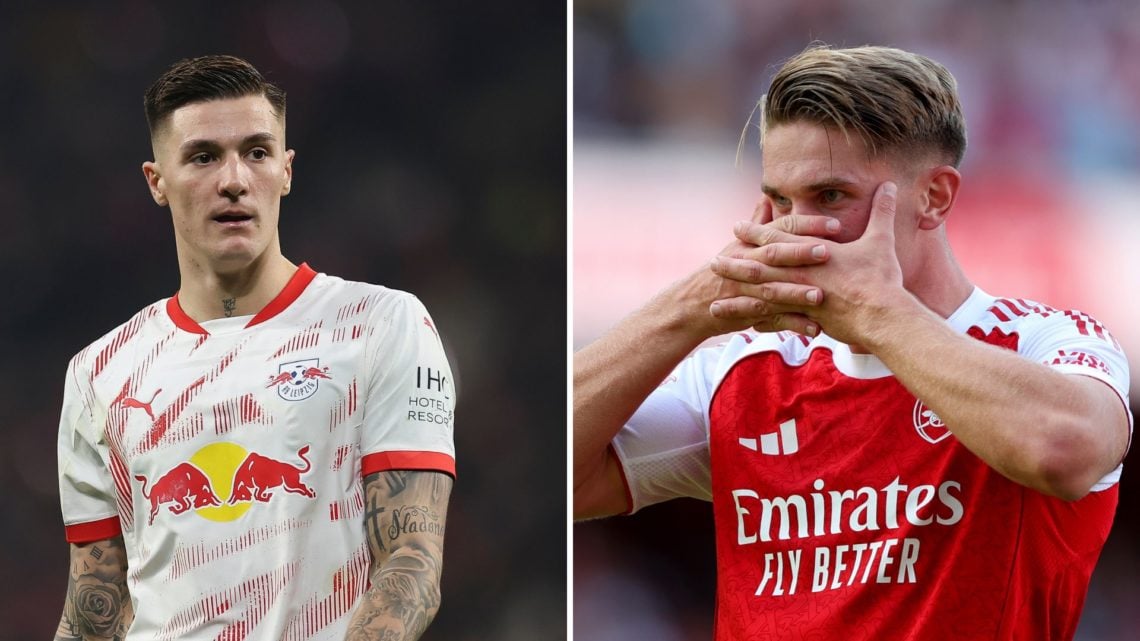 Split Image of Benjamin Sesko of RB Leipzig looks on during the DFB Cup quarterfinal match between RB Leipzig and VfL Wolfsburg, Viktor Gyokeres of...