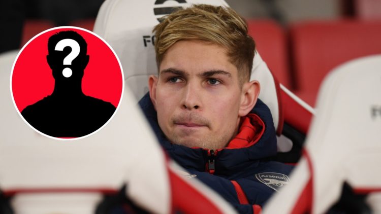 Image of Emile Smith Rowe of Arsenal looks on from the substitutes bench prior to the Emirates FA Cup Third Round match between Arsenal and Liverpo...