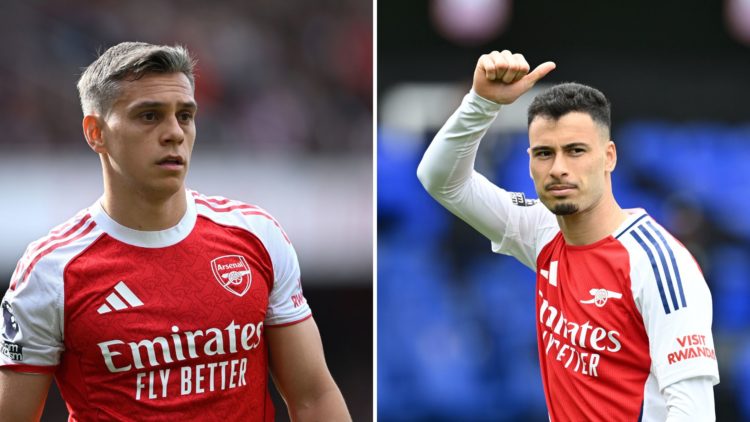 Split Image of Leandro Trossard of Arsenal during the Premier League match between Arsenal FC and Newcastle United, Gabriel Martinelli of Arsenal a...
