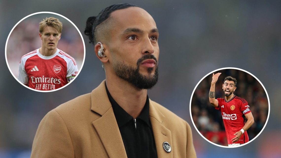 Image of Theo Walcott looks on during the Premier League match between Brighton & Hove Albion and Arsenal FC, insets of Martin Odegaard of Arsenal ...