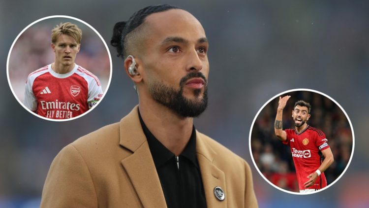 Image of Theo Walcott looks on during the Premier League match between Brighton & Hove Albion and Arsenal FC, insets of Martin Odegaard of Arsenal ...
