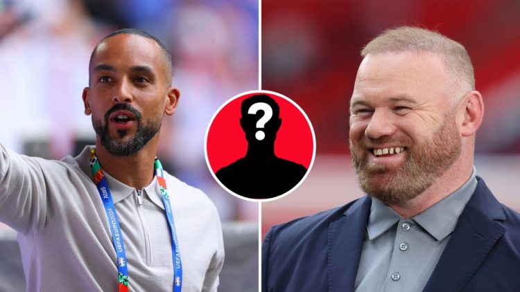Split Image of Former footballer Theo Walcott looks on during the UEFA EURO 2024 quarter-final match between England and Switzerland, Wayne Rooney ...