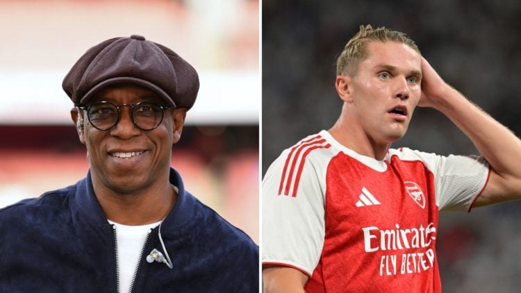 Split Image of Ian Wright, former Arsenal player works pitchside for Sky Sports TV prior to the Barclays Women's Super League match between Arsenal...