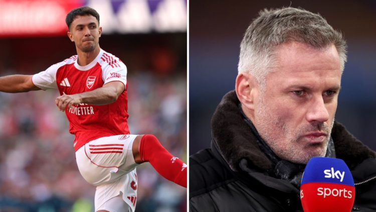 Split Image of Martin Zubimendi of Arsenal during the pre-season friendly match between Arsenal and Athletic Club, Jamie Carragher, Sky Sports pund...