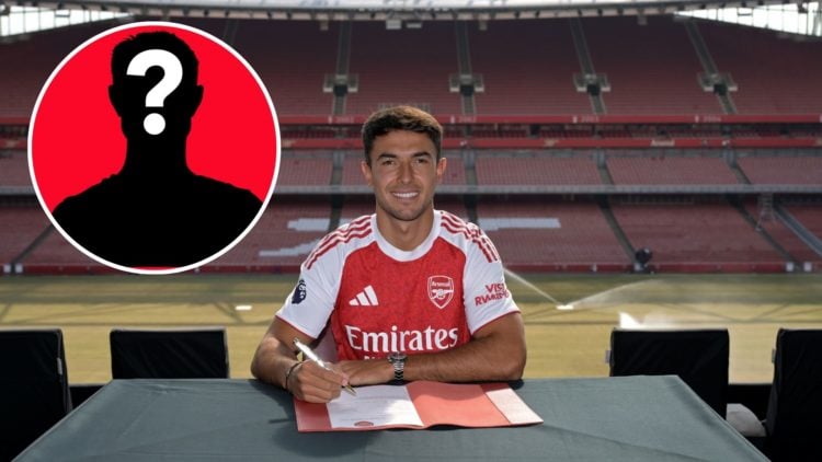 Image of Arsenal unveil new signing Martin Zubimendi at Emirates Stadium, inset of a mystery player