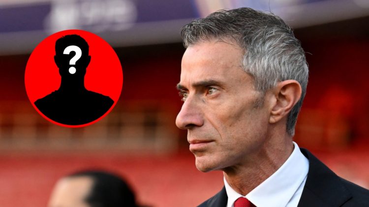 Andrea Berta looks on before an Arsenal game alongside a mystery player inset