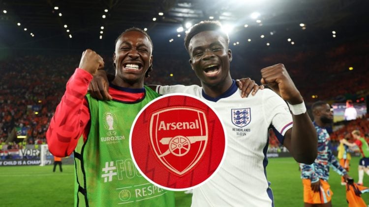 Eberechi Eze and Bukayo Saka with inset of Arsenal badge