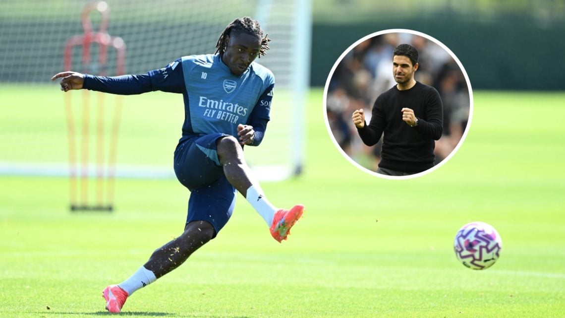 Arsenal midfielder Eberechi Eze with inset of Mikel Arteta