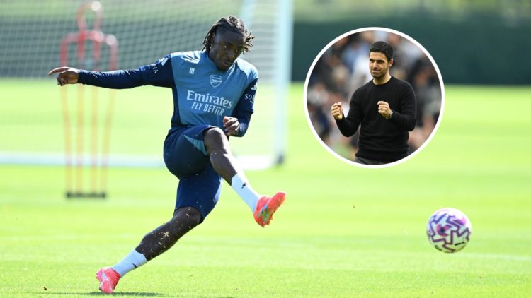 Arsenal midfielder Eberechi Eze with inset of Mikel Arteta