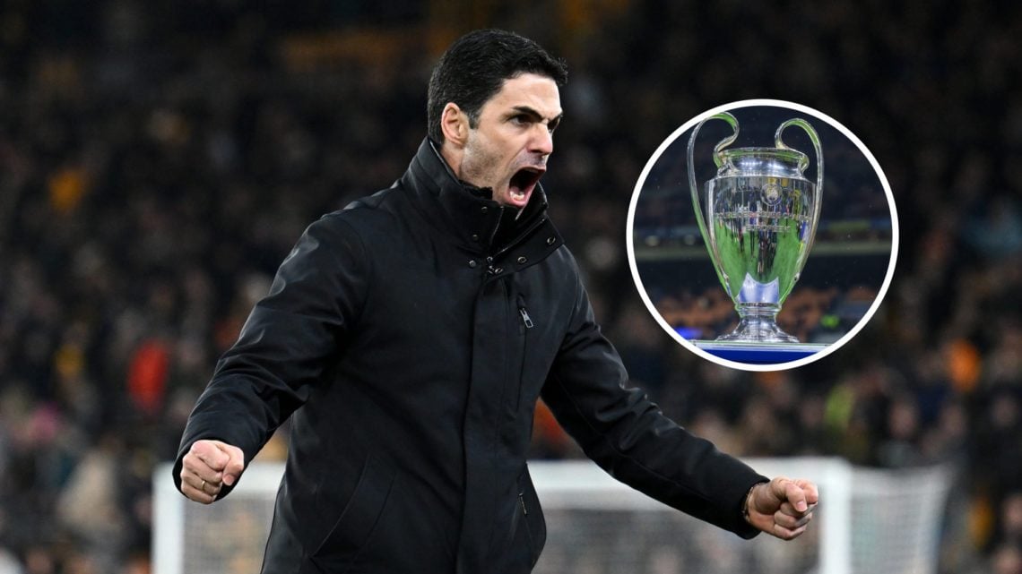 Arsenal manager Mikel Arteta with inset of Champions League trophy