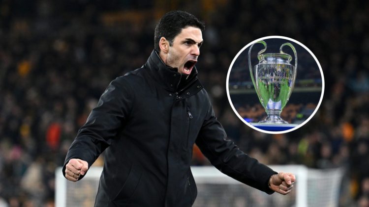 Arsenal manager Mikel Arteta with inset of Champions League trophy