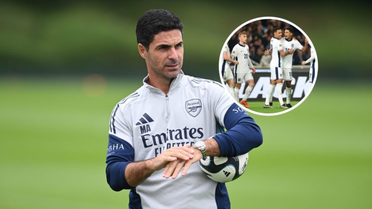 Arsenal manager Mikel Arteta with inset of Aston Villa's Morgan Rogers on England duty