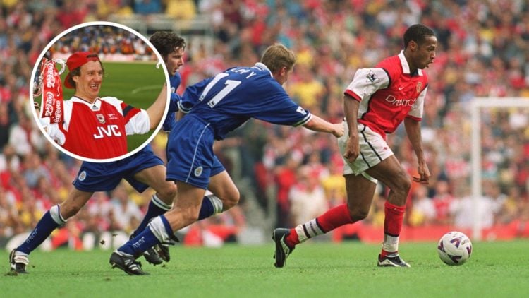 Arsenal legend Thierry Henry in debut action against Leicester City with inset of Paul Merson