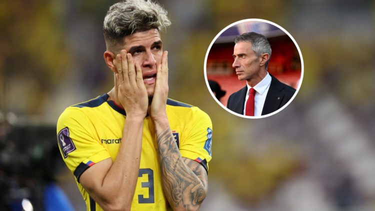 Bayer Leverkusen defender Piero Hincapie with inset of Arsenal director Andrea Berta
