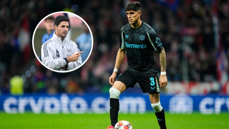 Bayer Leverkusen defender Piero Hincapie with inset of Arsenal manager Mikel Arteta