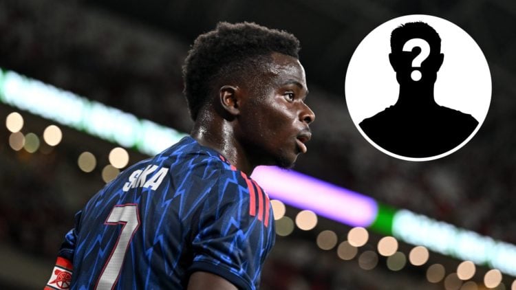 Bukayo Saka of Arsenal looks on during the Pre-Season Friendly match between Arsenal FC and AC Milan at National Stadium, with mystery player inset.