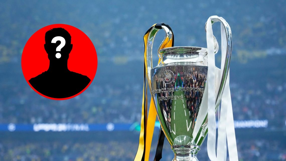 A general view of the Champions League trophy alongside a mystery player inset
