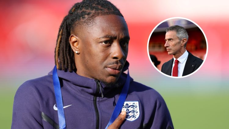 Crystal Palace midfielder Eberechi Eze with inset of Arsenal director Andrea Berta