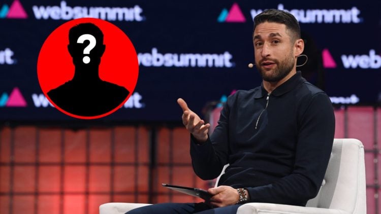 David Ornstein speaks during the 2023 Web Summit alongside a mystery player inset