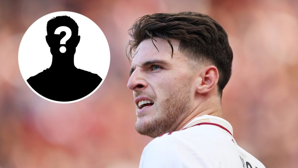 Declan Rice of Arsenal during the Premier League match between Manchester United and Arsenal at Old Trafford, with mystery player inset.