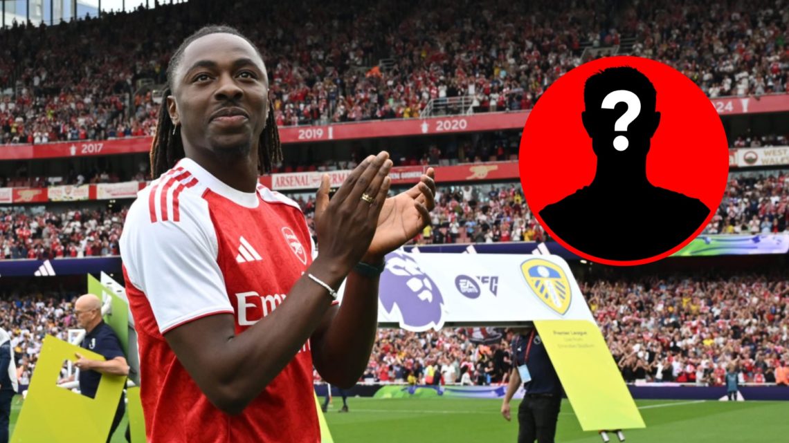 An image featuring Eberechi Eze being unveiled at Arsenal alongside a mystery player inset