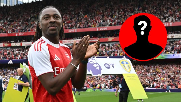 An image featuring Eberechi Eze being unveiled at Arsenal alongside a mystery player inset