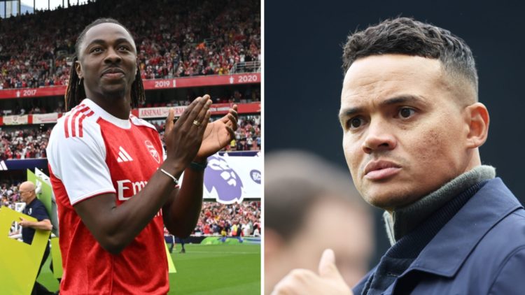 A split image featuring Eberechi Eze being unveiled at Arsenal alongside Jermaine Jenas