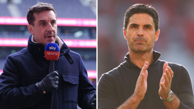 Sky Sports pundit Gary Neville performs a piece to camera during the Premier League match between Tottenham Hotspur FC and Manchester United FC (L)...