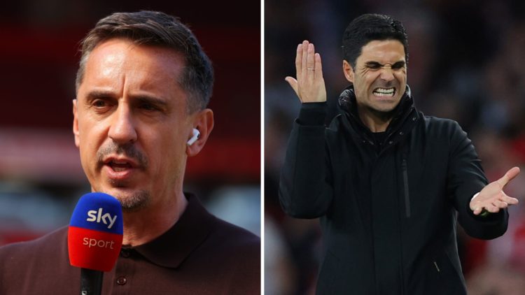 Gary Neville speaks before Man United vs Arsenal next to an image of Mikel Arteta reacting