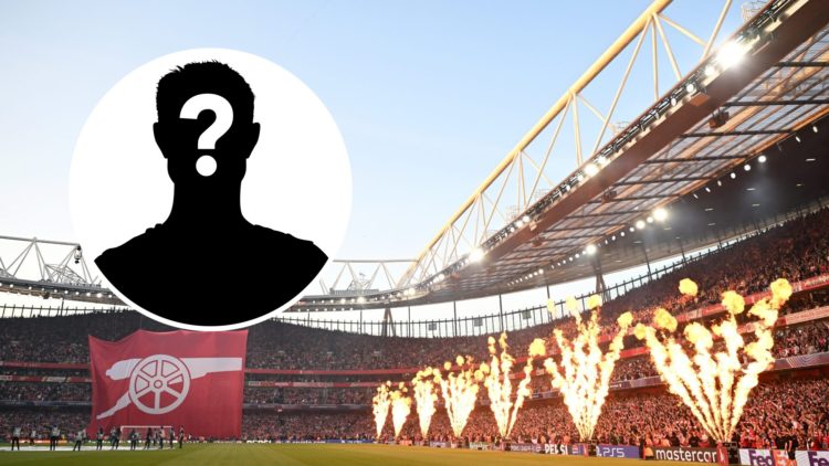 General image of the Emirates Stadium before an Arsenal game, with an inset of a mystery player
