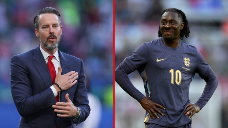 Split image of (L) Josh Kroenke after the UEFA Women's Champions League final and (R) Eberechi Eze during England vs Bosnia & Herzegovina.