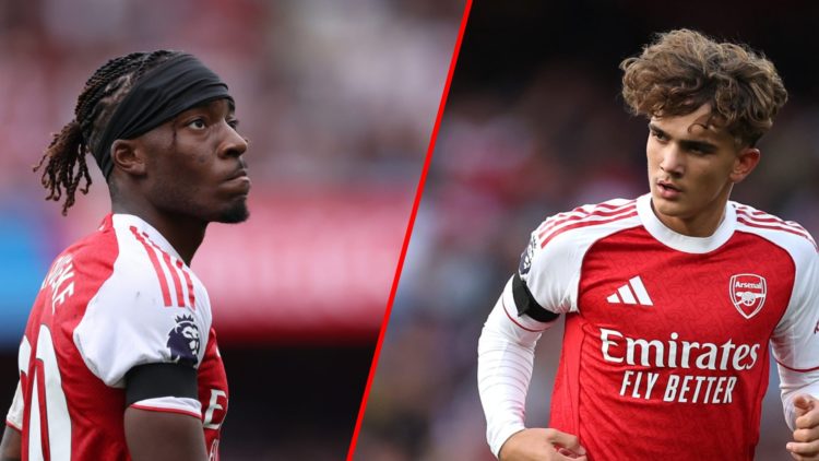 Split image of (L) Noni Madueke during Arsenal vs Leeds United and (R) Max Dowman during the Premier League match between Arsenal and Leeds.