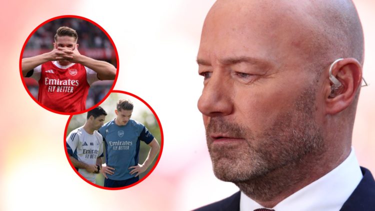 Alan Shearer looks prior to The FA Cup match between Manchester City and Liverpool, inset, Viktor Gyokeres celebrates during the Premier League mat...