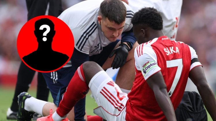 Bukayo Saka is treated for an injury during the Premier League match between Arsenal and Leeds United, inset, mystery icon.