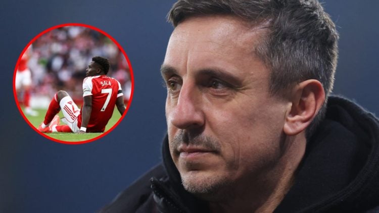 Gary Neville during the Barclays Women's Super League match between Manchester City and Manchester United, inset, Bukayo Saka injured during Arsena...