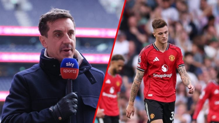 Split image of (L) Sky Sports pundit Gary Neville during the Premier League match between Tottenham Hotspur and Manchester United and (R) Benjamin ...