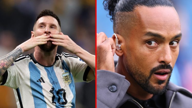 Split image of (L) Lionel Messi during the FIFA World Cup Qatar 2022 and (R) Theo Walcott working as a pundit for Sky Sports ahead of Manchester Ci...