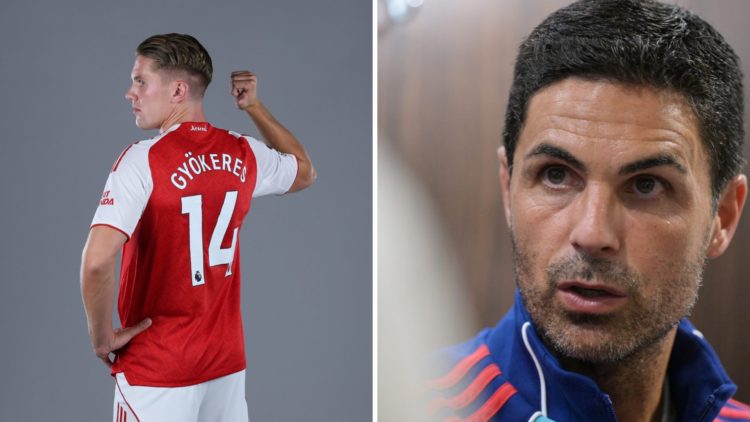 Arsenal unveil new signing Viktor Gyokeres at Sobha Realty Training Centre (L), Arsenal manager Mikel Arteta speaks to the media at the National St...